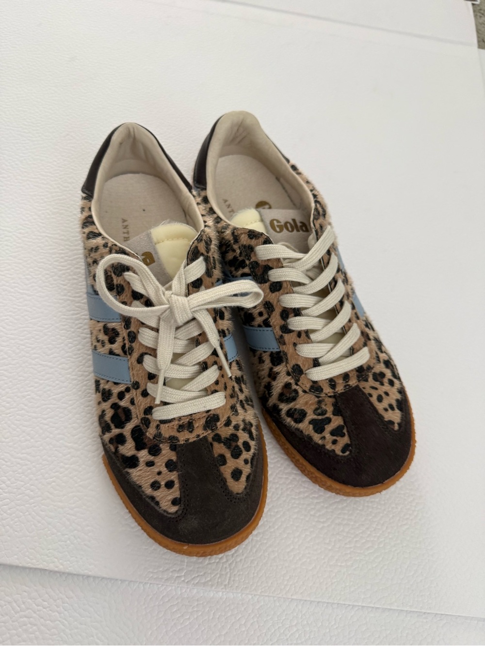 Gola Women's Leopard Print Sneakers with Light Blue Stripes and Brown Suede